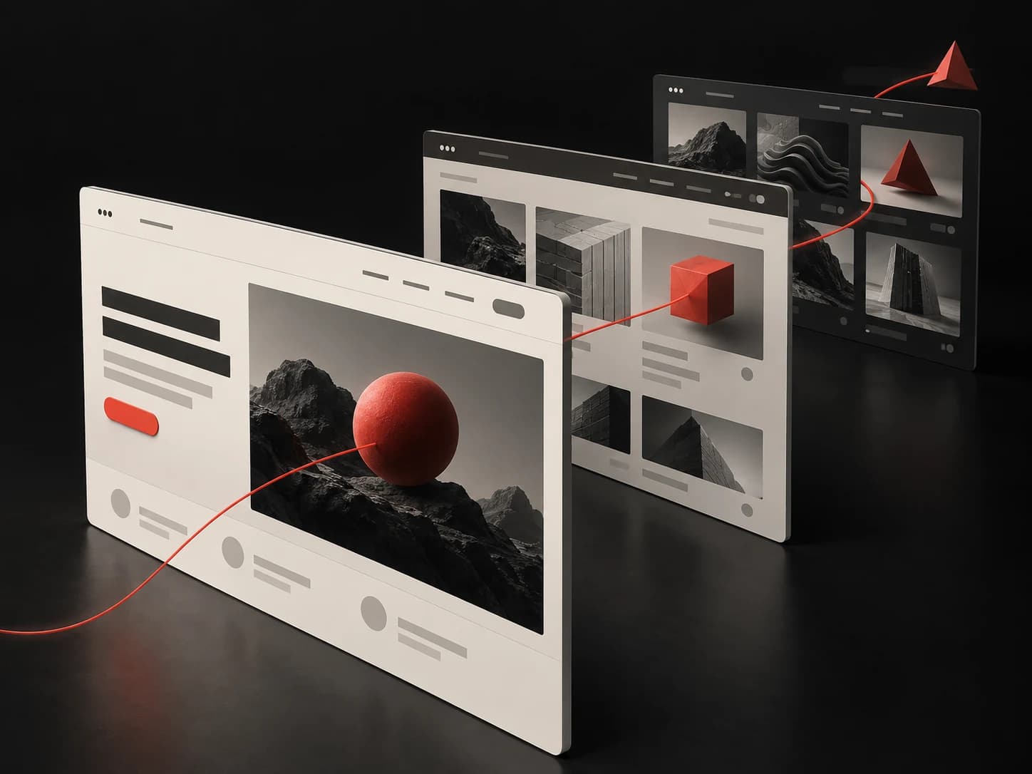 A sequence of web interfaces in three-dimensional depth, connected by a red path that suggests scrolling